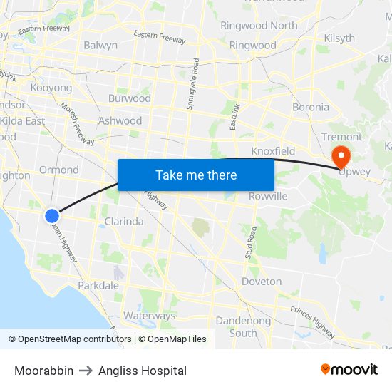 Moorabbin to Angliss Hospital map