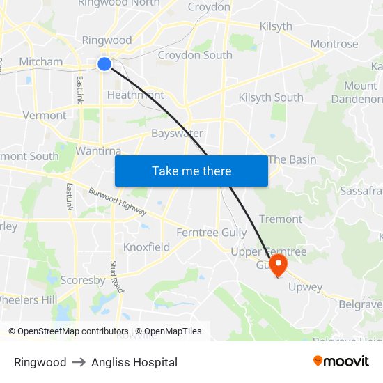 Ringwood to Angliss Hospital map
