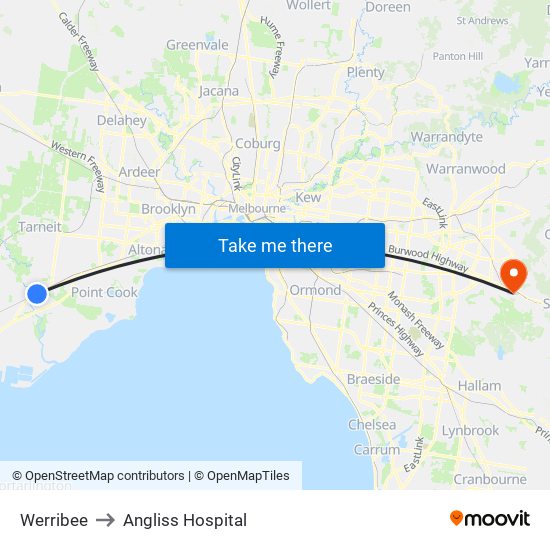 Werribee to Angliss Hospital map