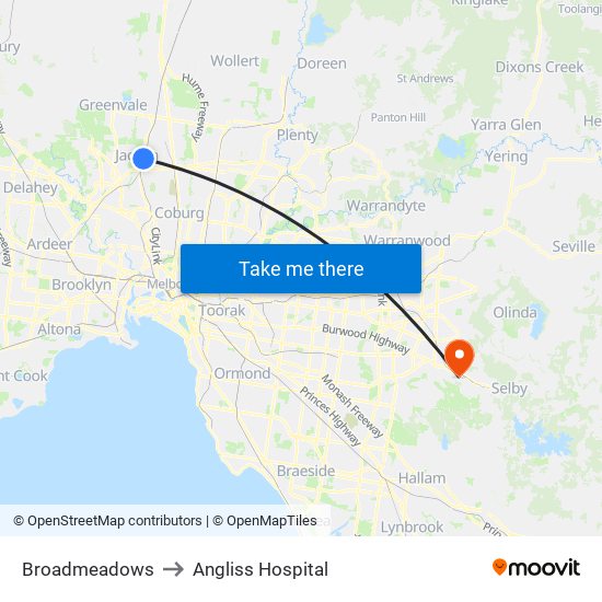 Broadmeadows to Angliss Hospital map