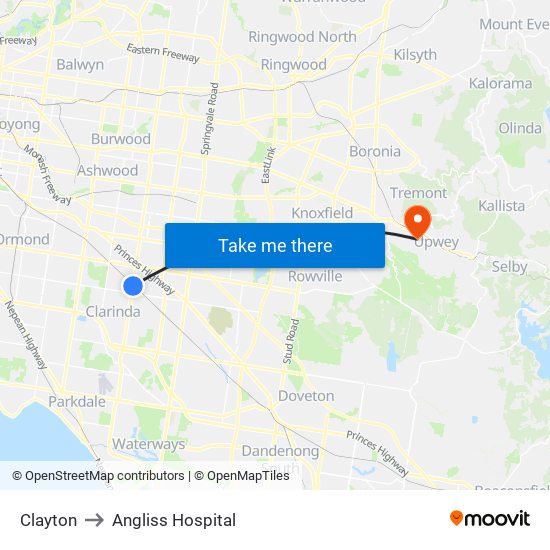 Clayton to Angliss Hospital map