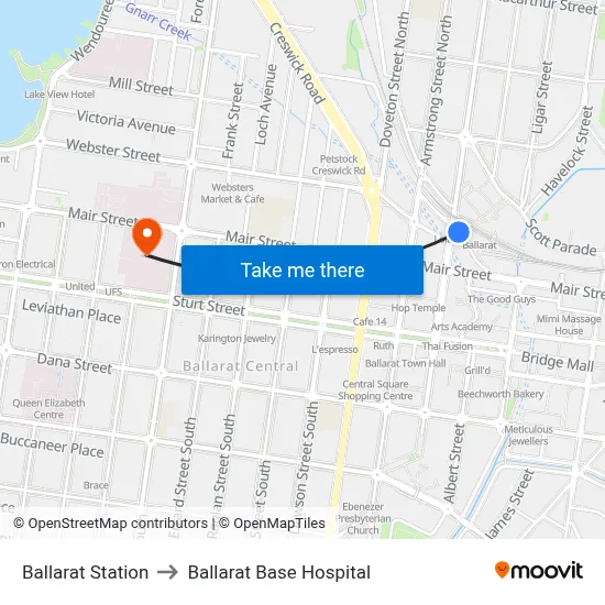 Ballarat Station to Ballarat Base Hospital map