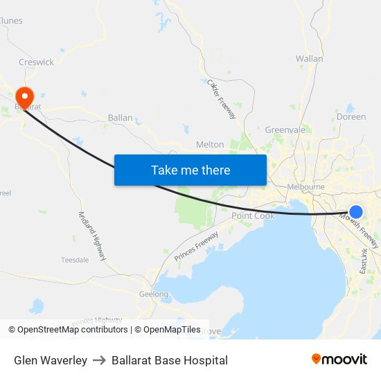 Glen Waverley to Ballarat Base Hospital map