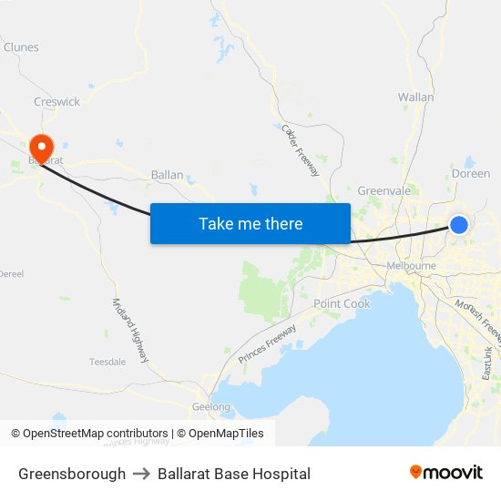 Greensborough to Ballarat Base Hospital map