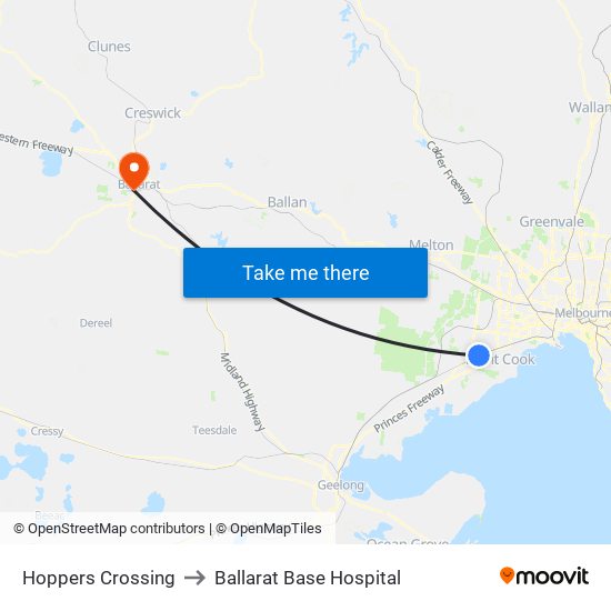 Hoppers Crossing to Ballarat Base Hospital map