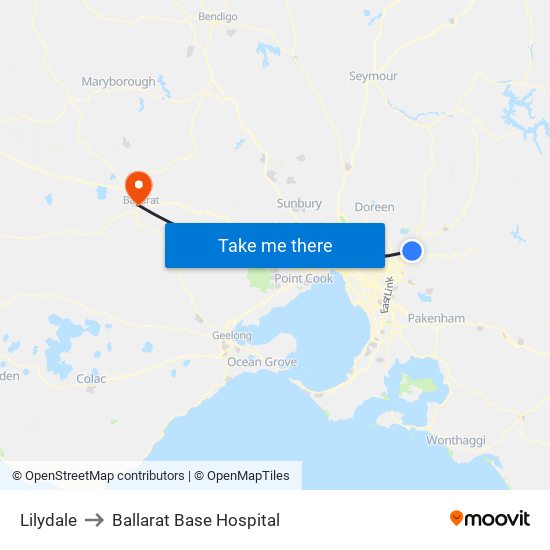 Lilydale to Ballarat Base Hospital map