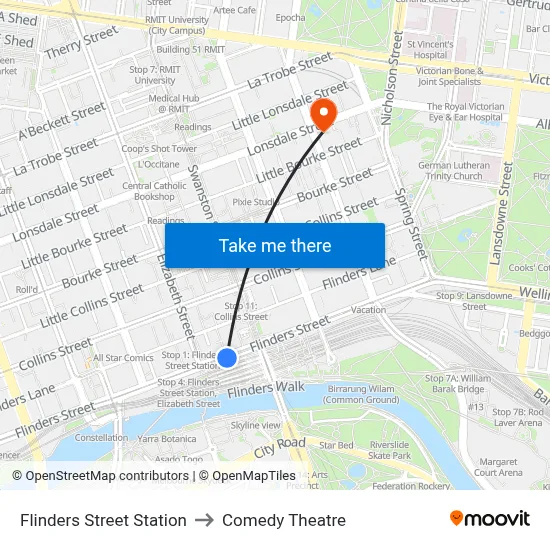 Flinders Street Station to Comedy Theatre map