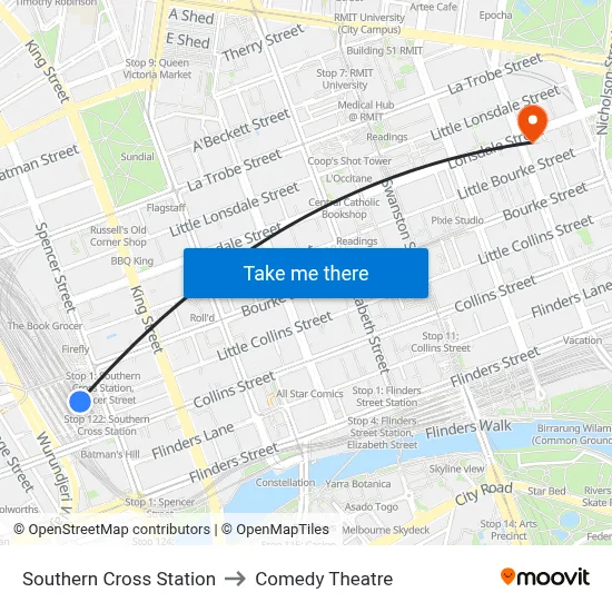 Southern Cross Station to Comedy Theatre map