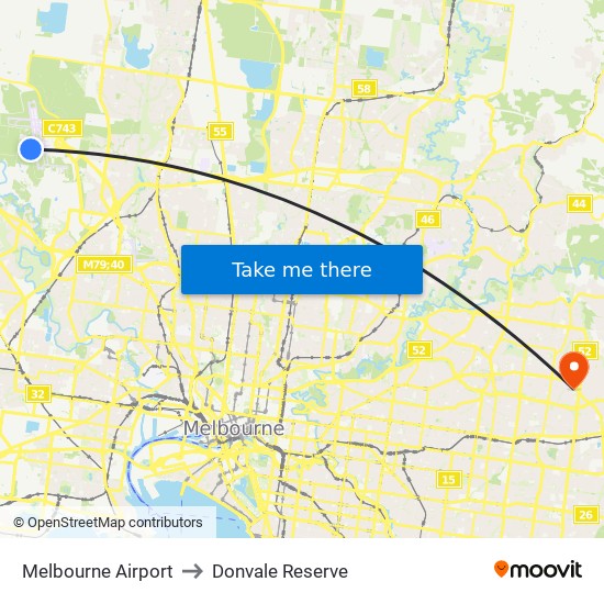 Melbourne Airport to Donvale Reserve map