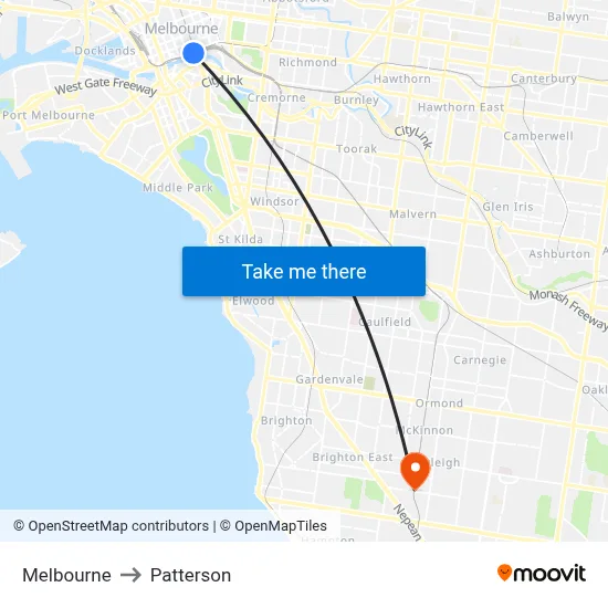 Melbourne to Patterson map