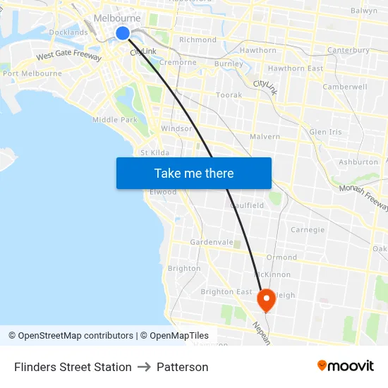 Flinders Street Station to Patterson map