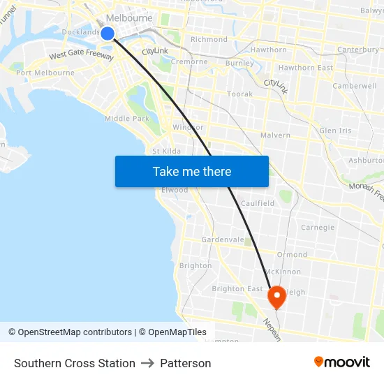 Southern Cross Station to Patterson map