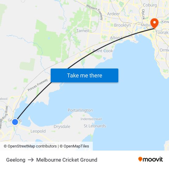 Geelong to Melbourne Cricket Ground map