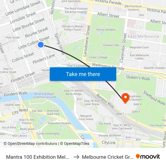 Mantra 100 Exhibition Melbourne to Melbourne Cricket Ground map