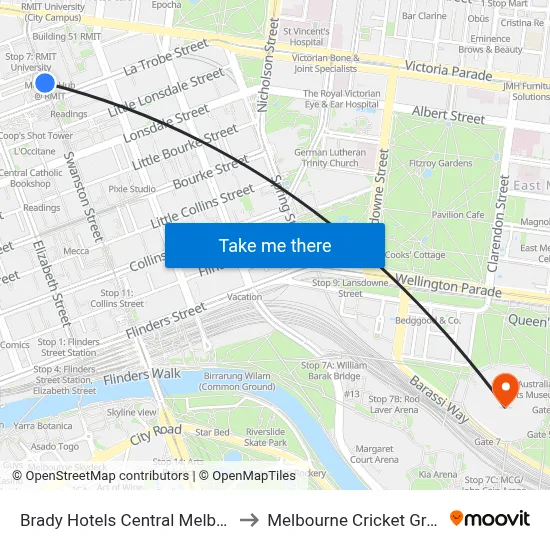Brady Hotels Central Melbourne to Melbourne Cricket Ground map