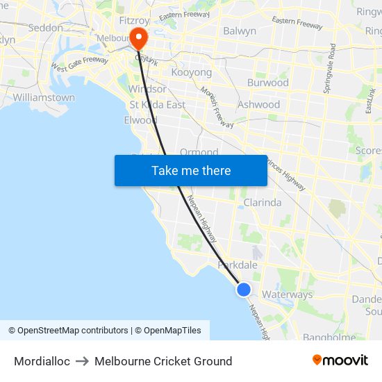 Mordialloc to Melbourne Cricket Ground map