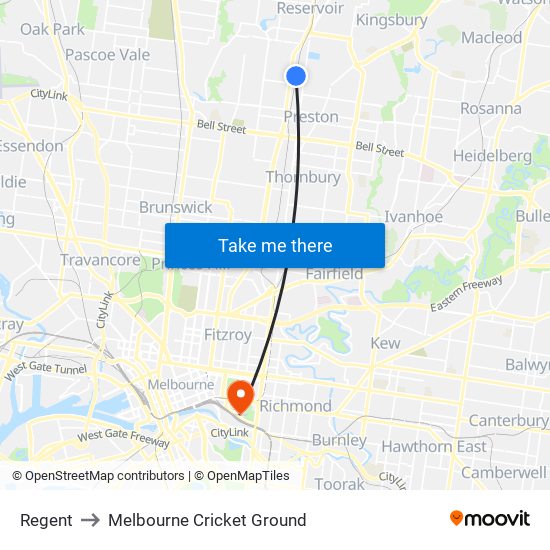 Regent to Melbourne Cricket Ground map