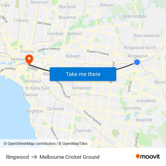 Ringwood to Melbourne Cricket Ground map
