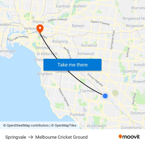 Springvale to Melbourne Cricket Ground map