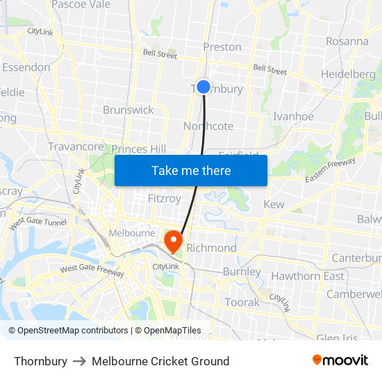 Thornbury to Melbourne Cricket Ground map