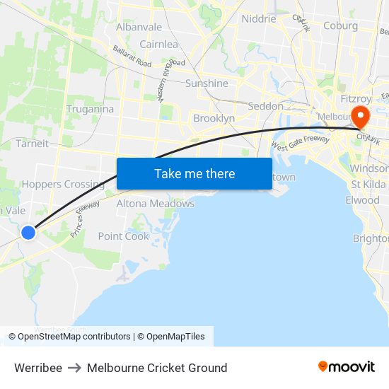 Werribee to Melbourne Cricket Ground map