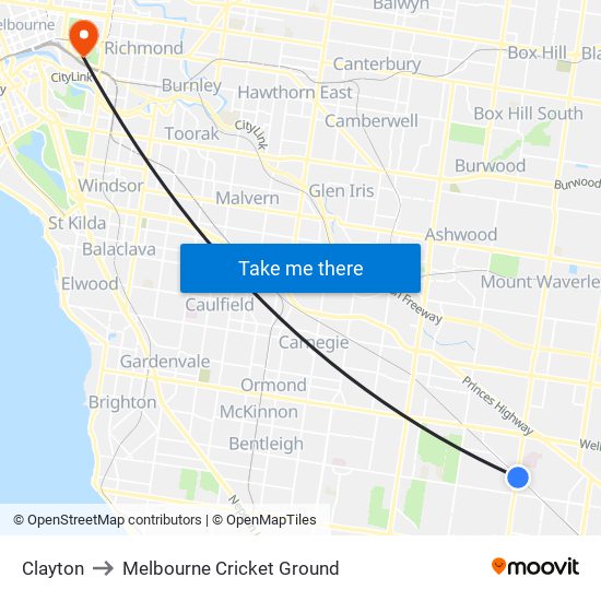 Clayton to Melbourne Cricket Ground map