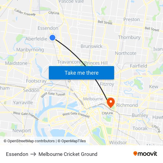 Essendon to Melbourne Cricket Ground map