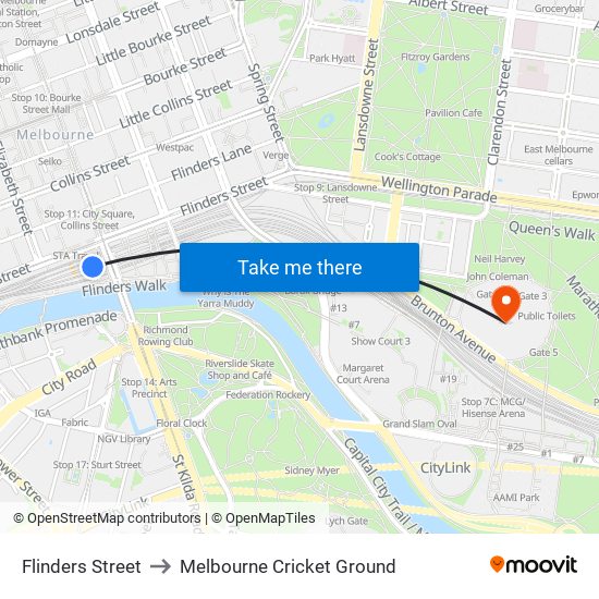 Flinders Street to Melbourne Cricket Ground map