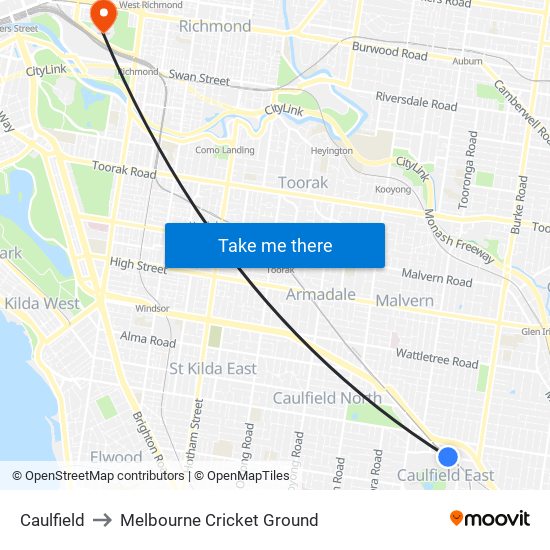 Caulfield to Melbourne Cricket Ground map