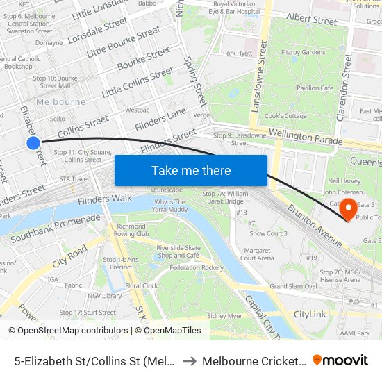 5-Elizabeth St/Collins St (Melbourne City) to Melbourne Cricket Ground map