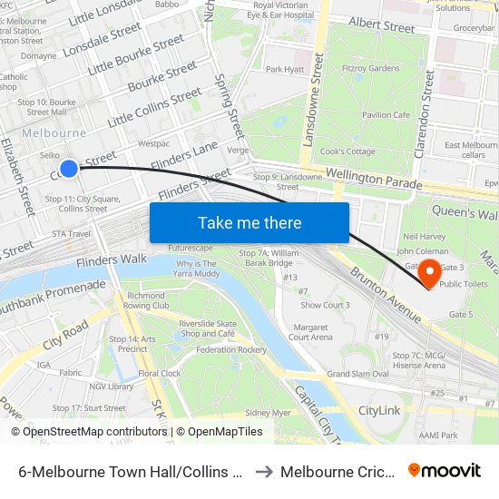 6-Melbourne Town Hall/Collins St (Melbourne City) to Melbourne Cricket Ground map