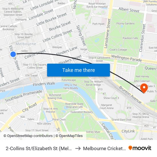 2-Collins St/Elizabeth St (Melbourne City) to Melbourne Cricket Ground map