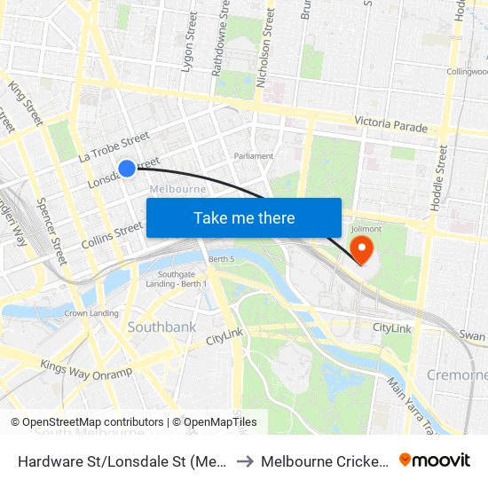 Hardware St/Lonsdale St (Melbourne City) to Melbourne Cricket Ground map