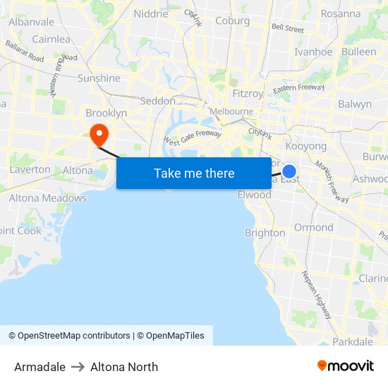 Armadale to Altona North map