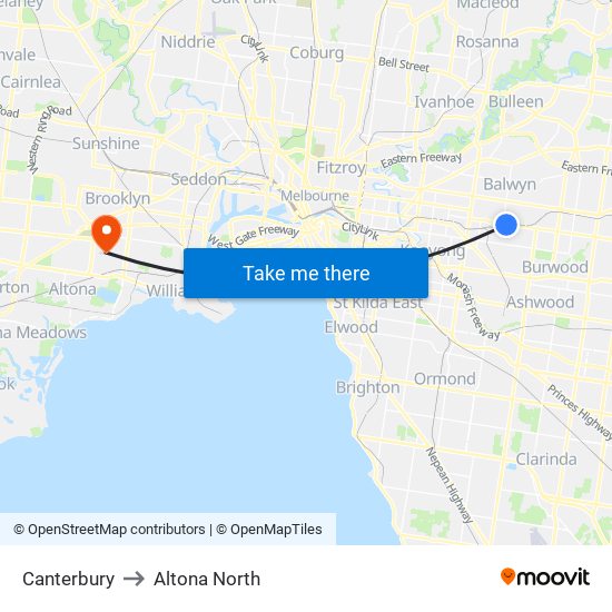 Canterbury to Altona North map