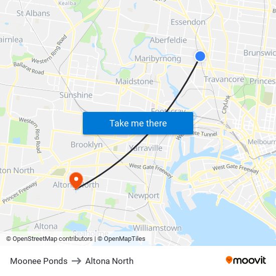 Moonee Ponds to Altona North map