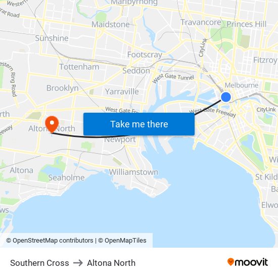 Southern Cross to Altona North map