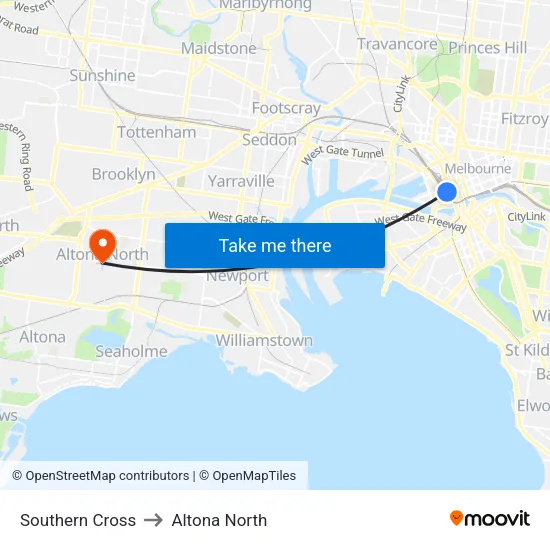 Southern Cross to Altona North map