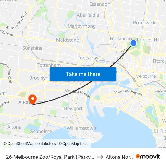 26-Melbourne Zoo/Royal Park (Parkville) to Altona North map