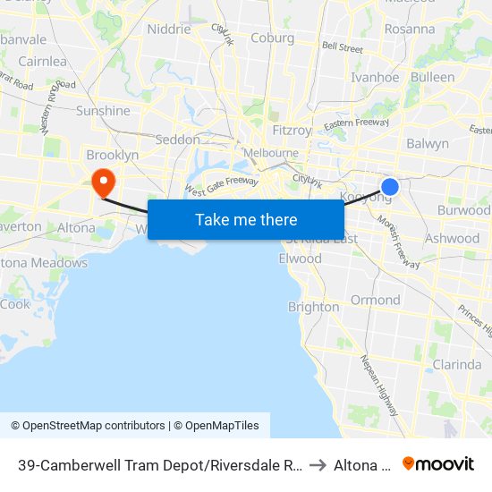 39-Camberwell Tram Depot/Riversdale Rd (Hawthorn East) to Altona North map