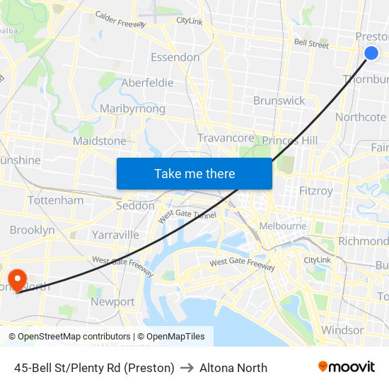 45-Bell St/Plenty Rd (Preston) to Altona North map