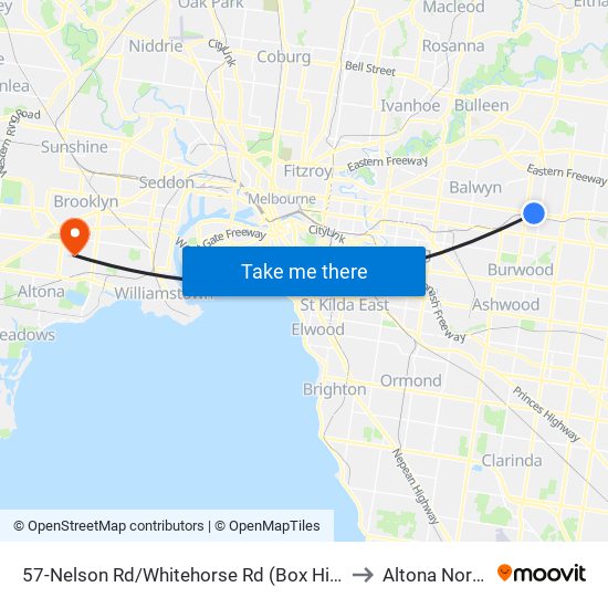 57-Nelson Rd/Whitehorse Rd (Box Hill) to Altona North map