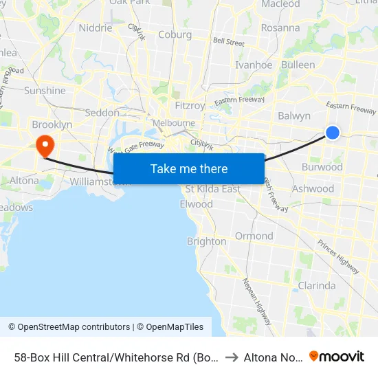 Box Hill Central/Whitehorse Rd #58 to Altona North map