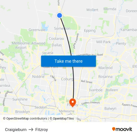 Craigieburn to Fitzroy map