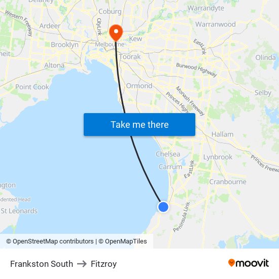 Frankston South to Fitzroy map