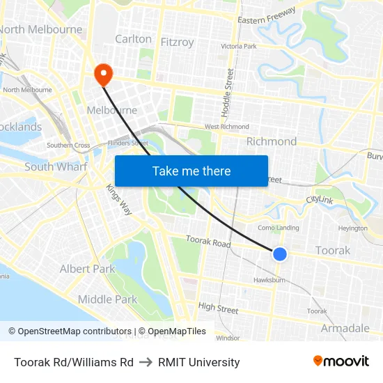 Toorak Rd/Williams Rd to RMIT University map