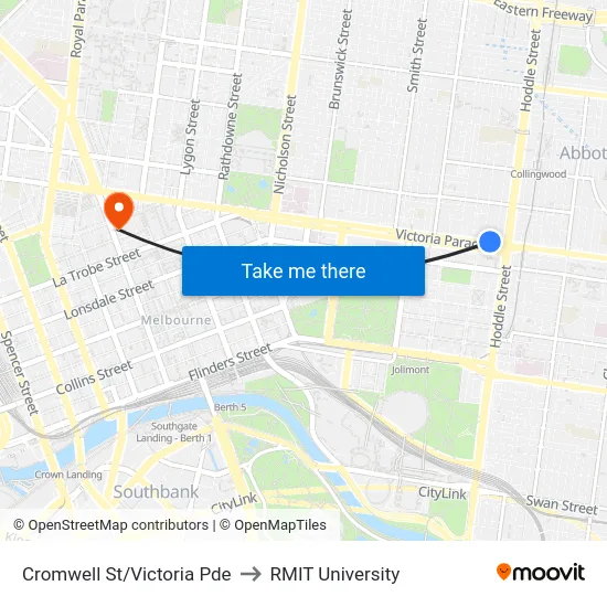 Cromwell St/Victoria Pde to RMIT University map
