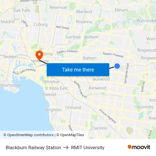 Blackburn Railway Station to RMIT University map