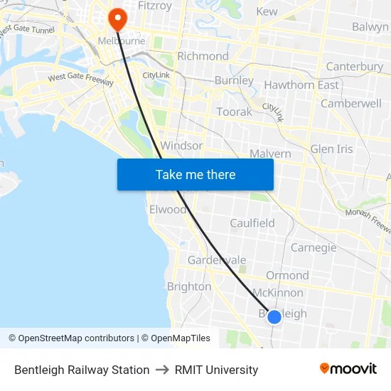Bentleigh Railway Station to RMIT University map