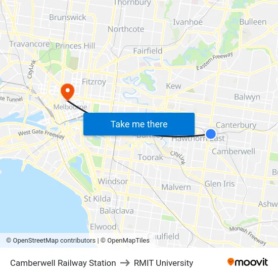 Camberwell Railway Station to RMIT University map